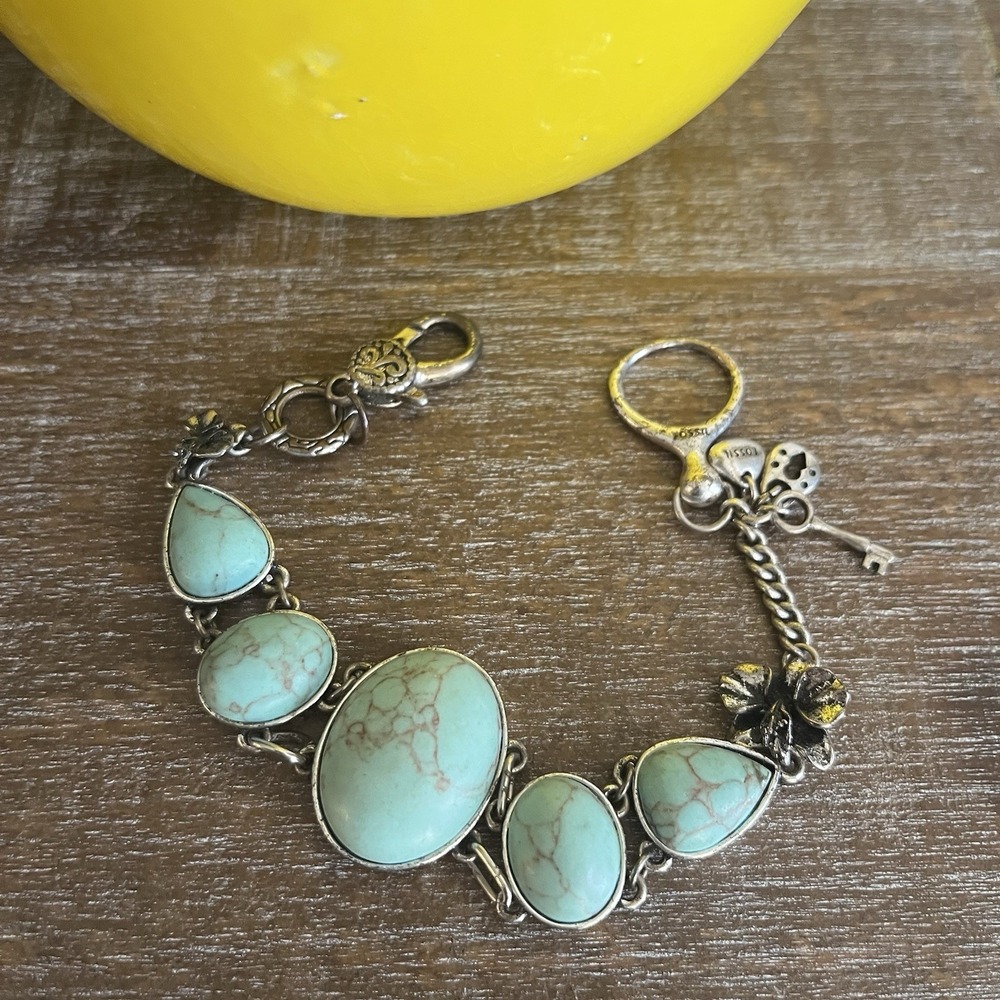 90s Y2K Fossil Faux Turquoise Link Bracelet Silver Tone Boho Charm Key Lock